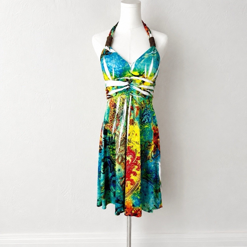 Vintage Y2K Halter Dress Tie Dye Embellished Paisley Boho Beachy Rhinestone Sz M